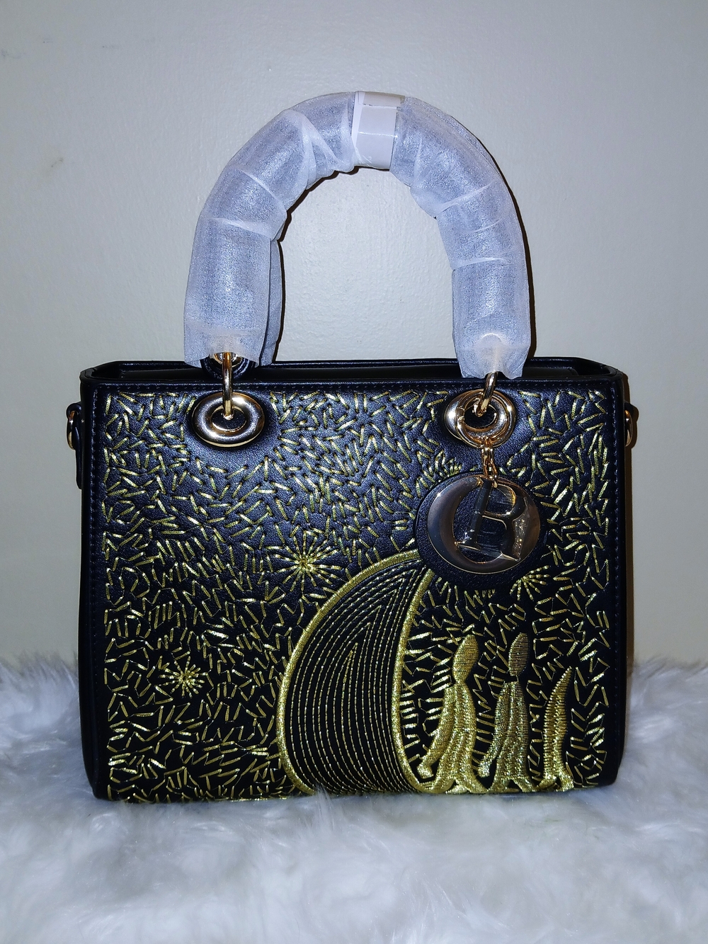Embroidered Black and Gold Top-Handle Women's Bag